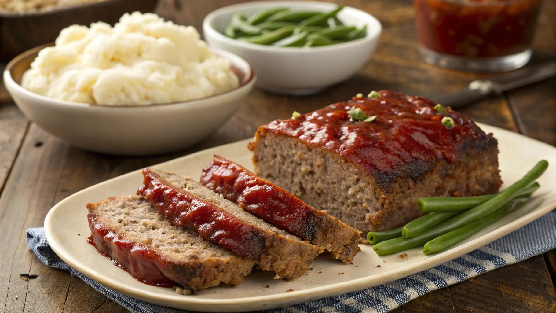 Freshly sliced meatloaf with a glossy ketchup glaze.