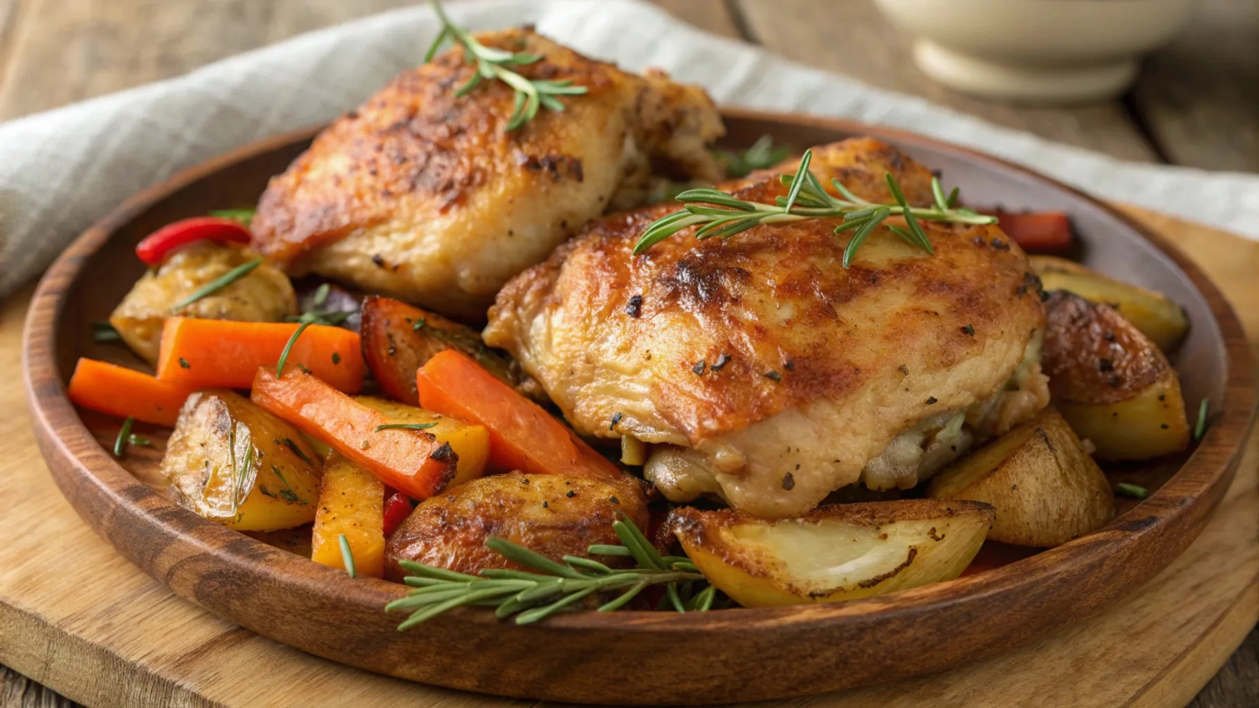 Golden-brown baked chicken thighs garnished with fresh herbs, served on a rustic plate with roasted vegetables.