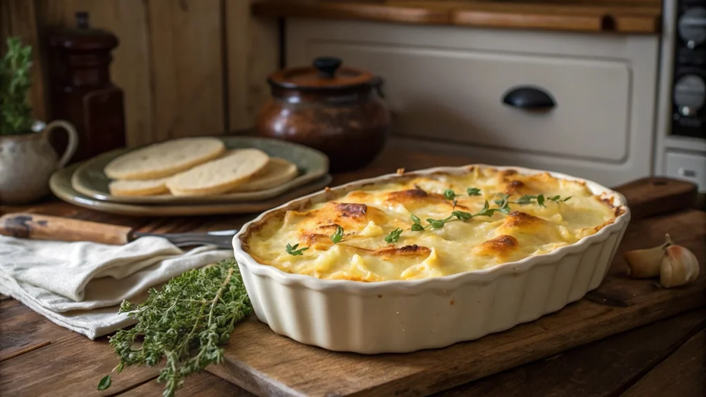 Golden scalloped potatoes with cheese topped with fresh thyme.