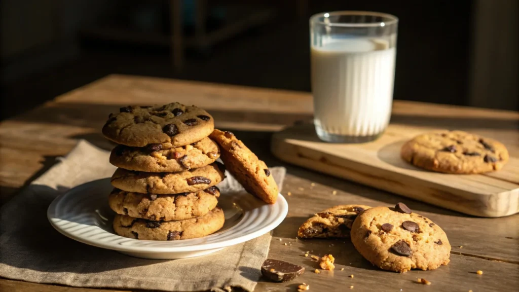 A stack of freshly baked chocolate chip cookies on a wooden table, with a glass of milk in the background and warm golden lighting.