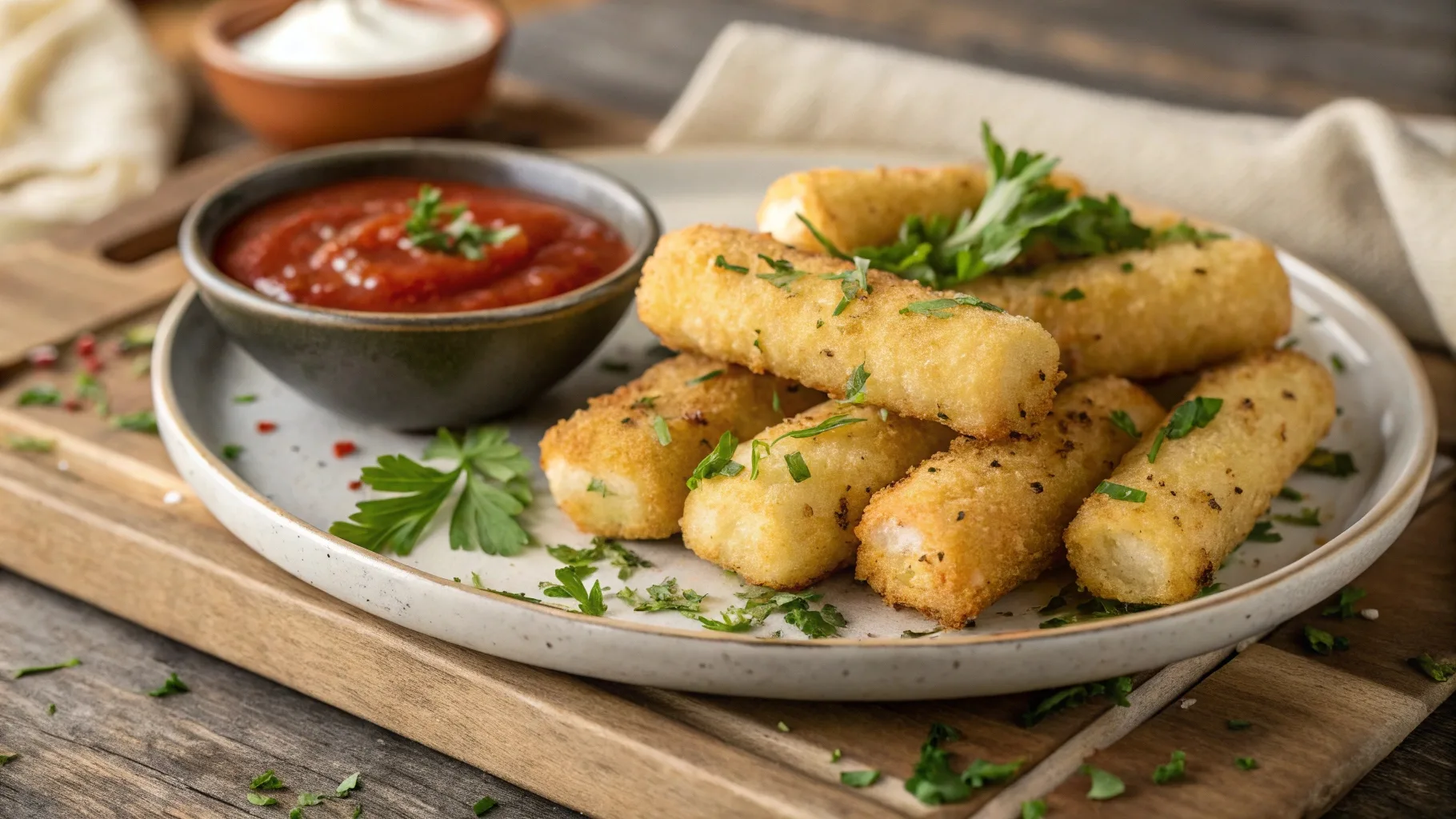Plate of crispy mozzarella sticks with marinara dip.