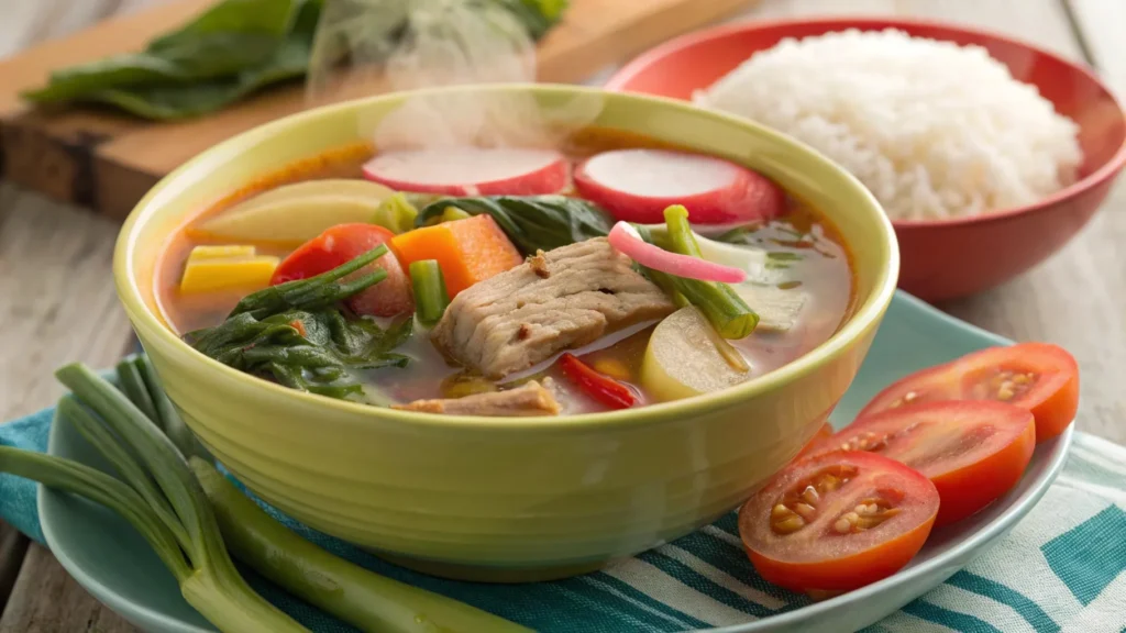 A steaming bowl of sinigang soup filled with pork, bok choy, radish, tomatoes, and a side of steamed white rice.