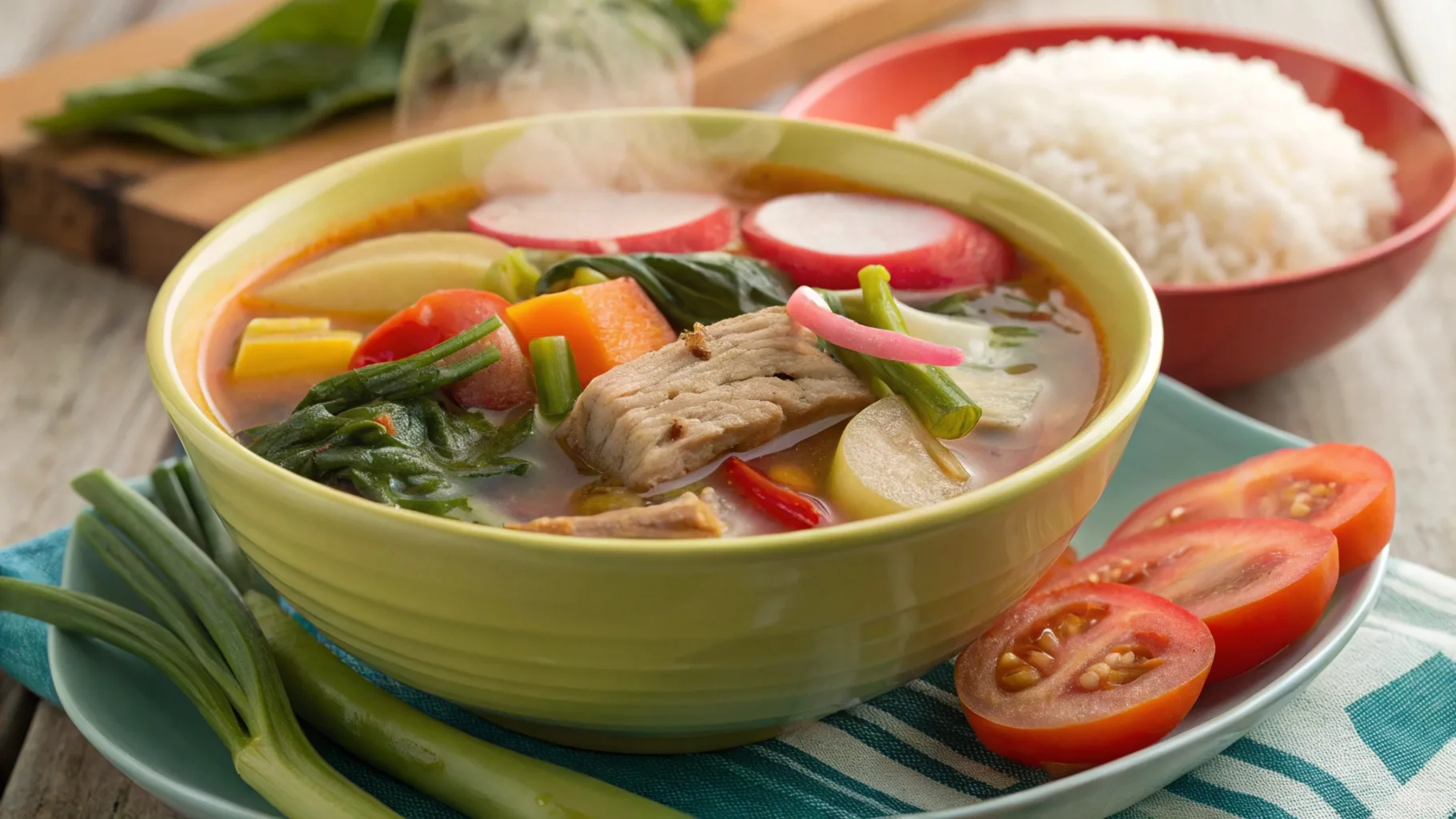 A steaming bowl of sinigang soup filled with pork, bok choy, radish, tomatoes, and a side of steamed white rice.