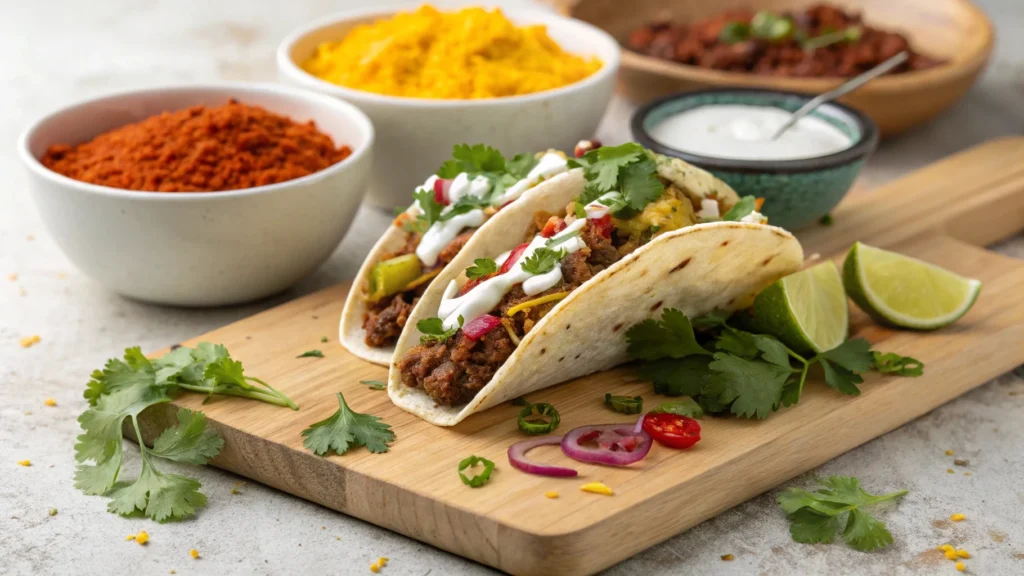 Indian ground beef tacos with garnishes on a wooden board