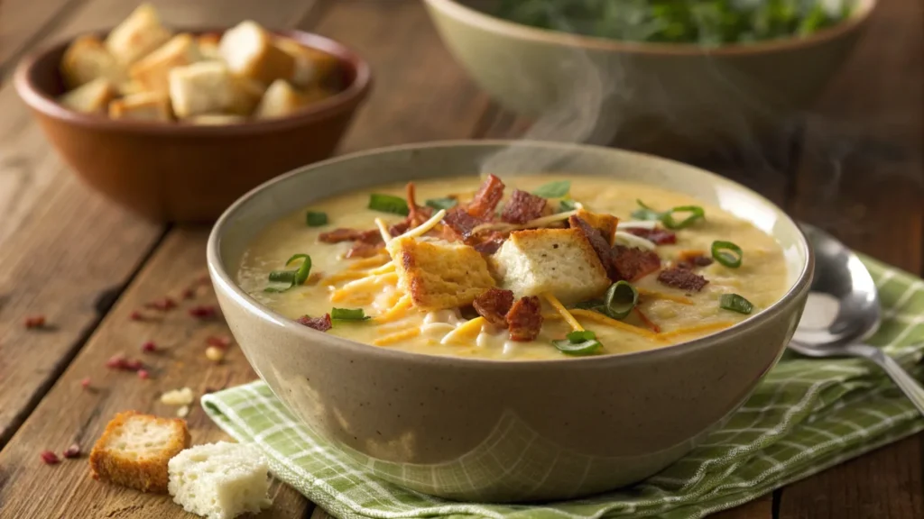 A steaming bowl of creamy potato soup topped with crispy bacon bits, shredded cheese, fresh chives, and croutons, served on a rustic wooden table.