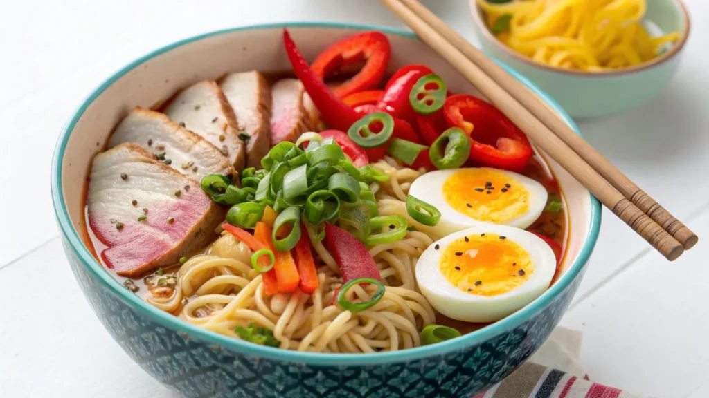 Bowl of homemade ramen topped with fresh ingredients.