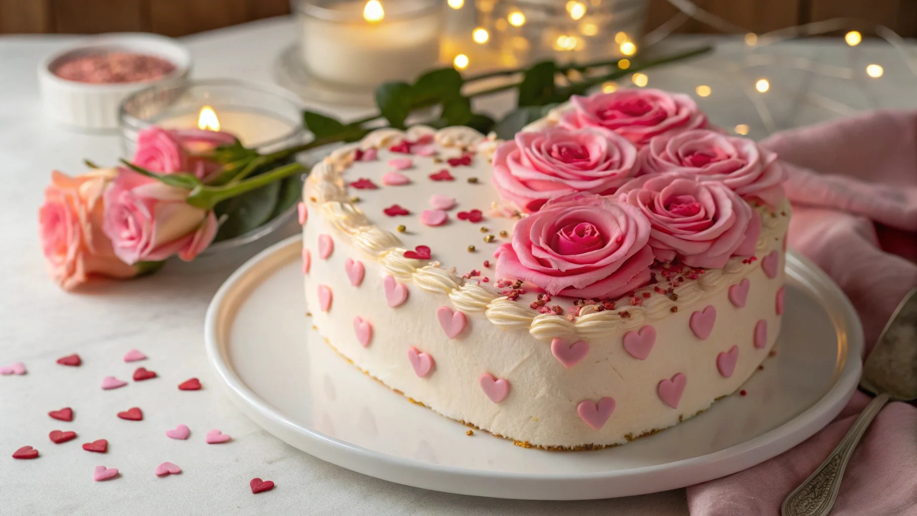 Beautifully decorated Valentine Heart Cake with pink frosting and fresh strawberries.