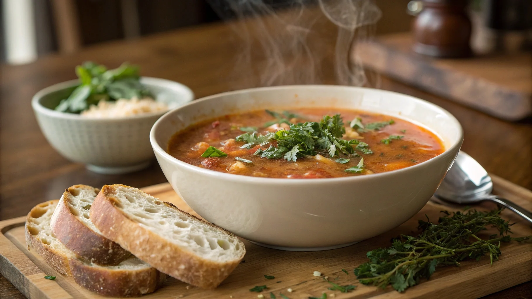 A bowl of hearty soup garnished with fresh herbs and bread.