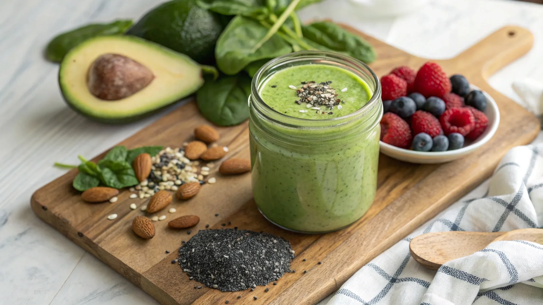 Keto smoothie recipe with avocado, spinach, berries, nuts, and seeds