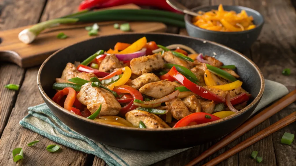 Chicken thigh stir fry with colorful vegetables and herbs.