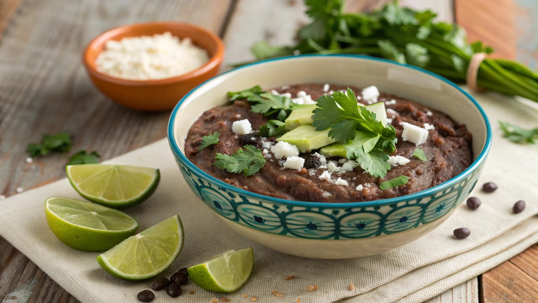 Bowl of creamy refried black beans garnished with cilantro.