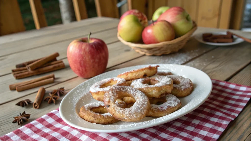 Golden fried apple rings dusted with powdered sugar on a plate.