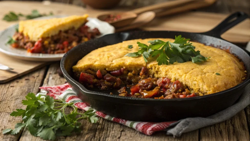 Skillet cornbread chili pie with golden crust and fresh herbs.