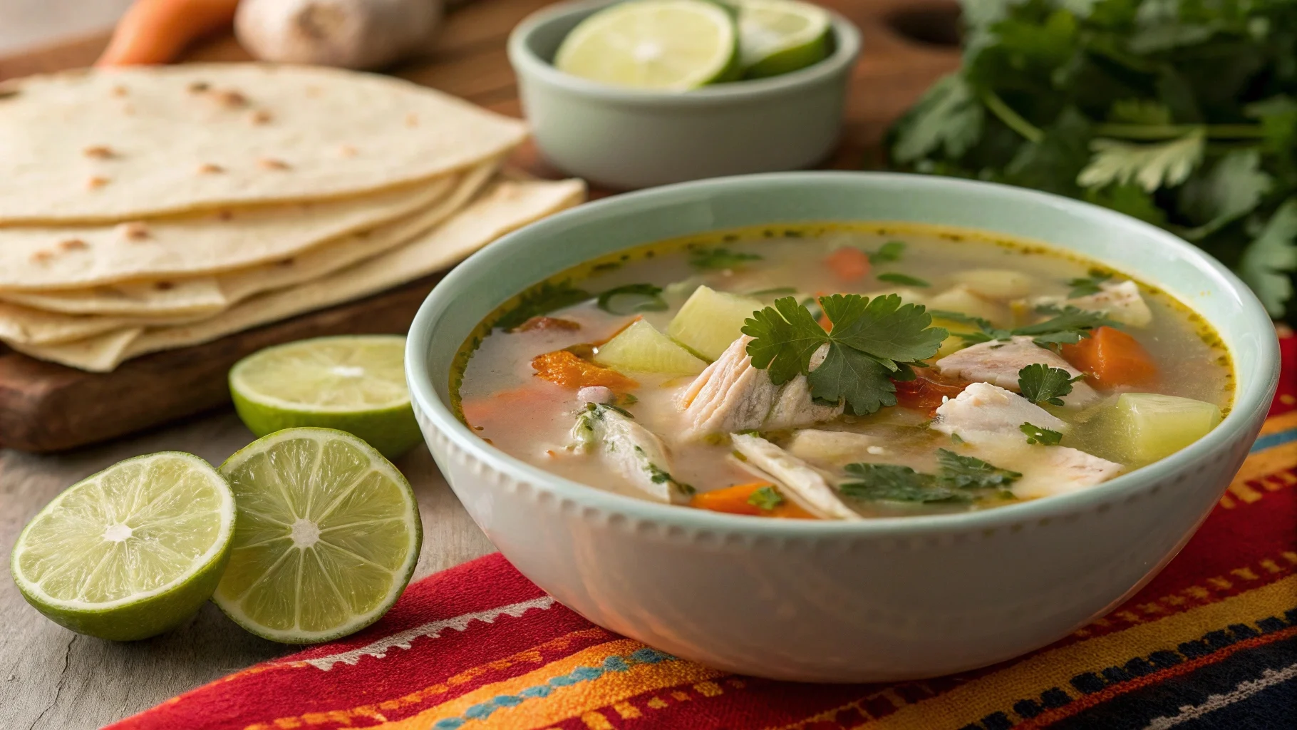 Bowl of caldo de pollo with chicken, vegetables, and lime slices.