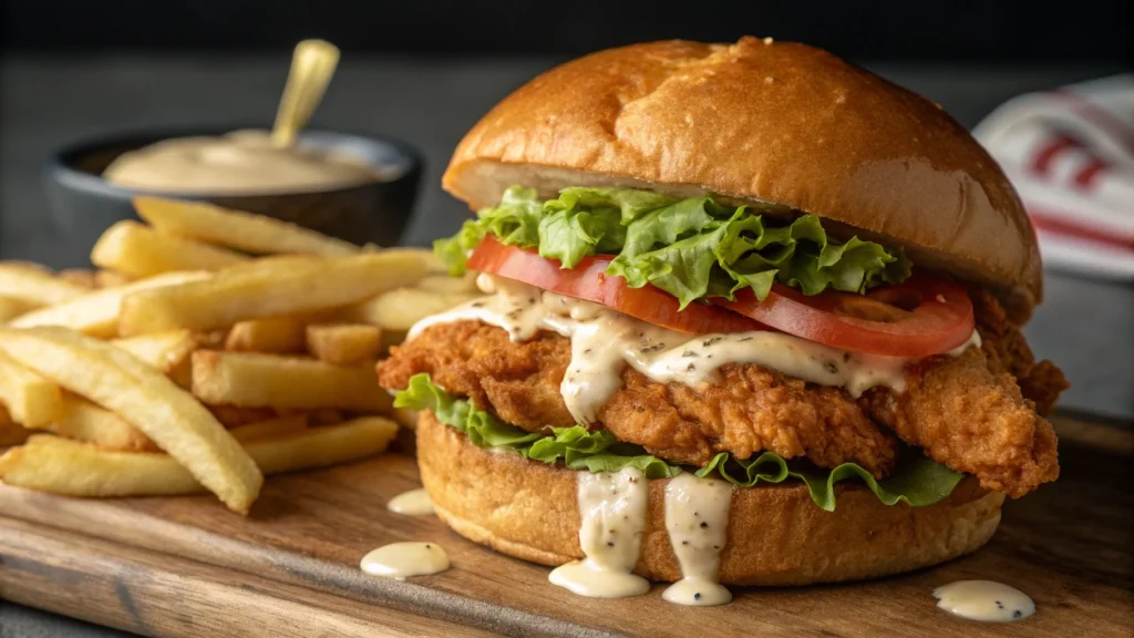 Crispy air fryer chicken sandwich with lettuce and tomato.