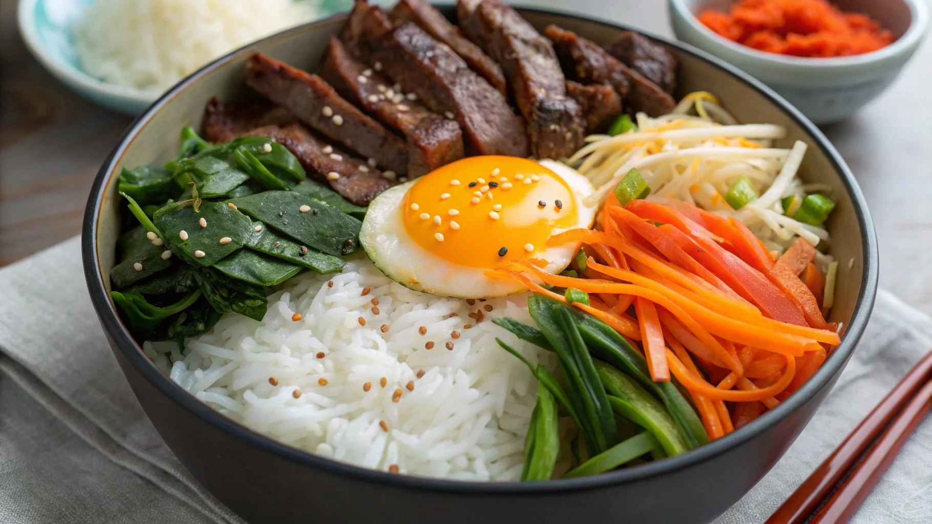 Bowl of Korean bibimbap with colorful toppings.