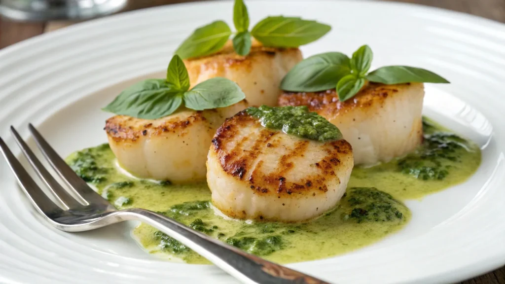 Seared scallops with creamy pesto sauce garnished with basil.