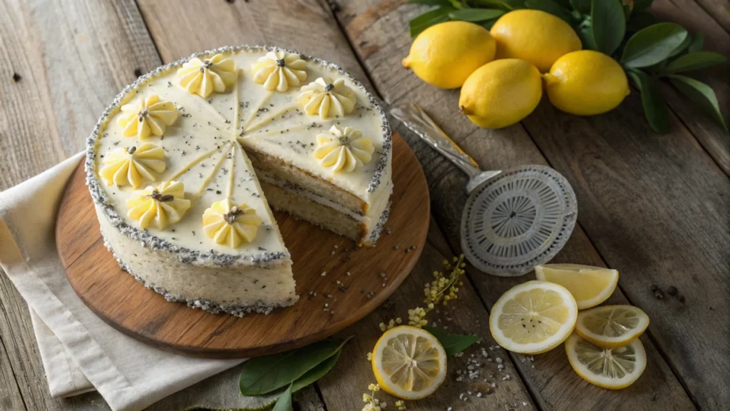 A beautifully decorated lemon and poppy seed cake on a rustic wooden table, garnished with fresh lemon slices, poppy seeds, and creamy frosting.