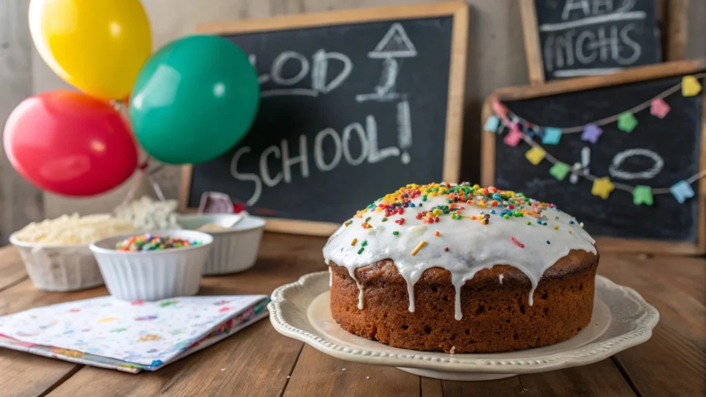 Classic school cake topped with white icing and colorful sprinkles.