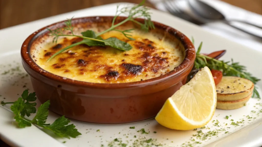 A golden caramelized Crab Brulee served in a ramekin, garnished with fresh dill and lemon slices, placed on a rustic wooden table.