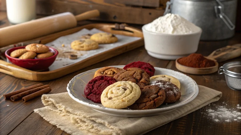 A rustic kitchen setting with a plate of assorted Crumbl cookie copycat recipes, including chocolate chip, red velvet, and cinnamon roll cookies, surrounded by baking tools and ingredients.