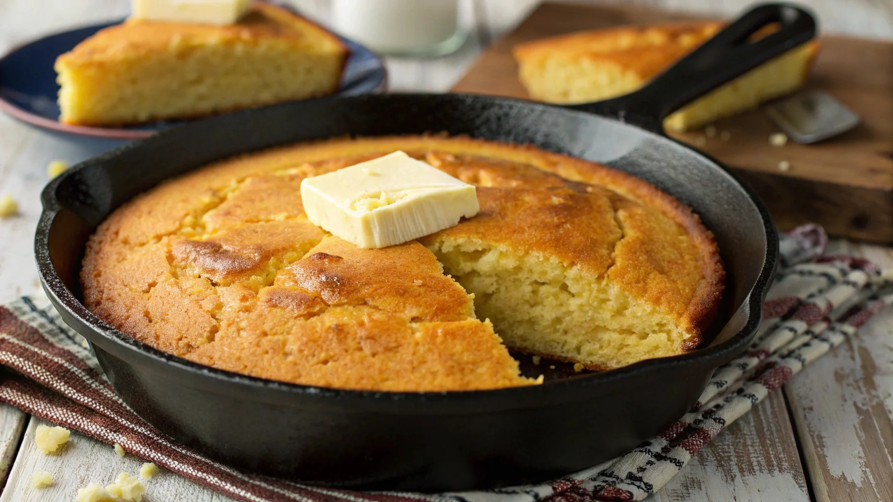 Golden southern cornbread in a cast iron skillet with butter on top.