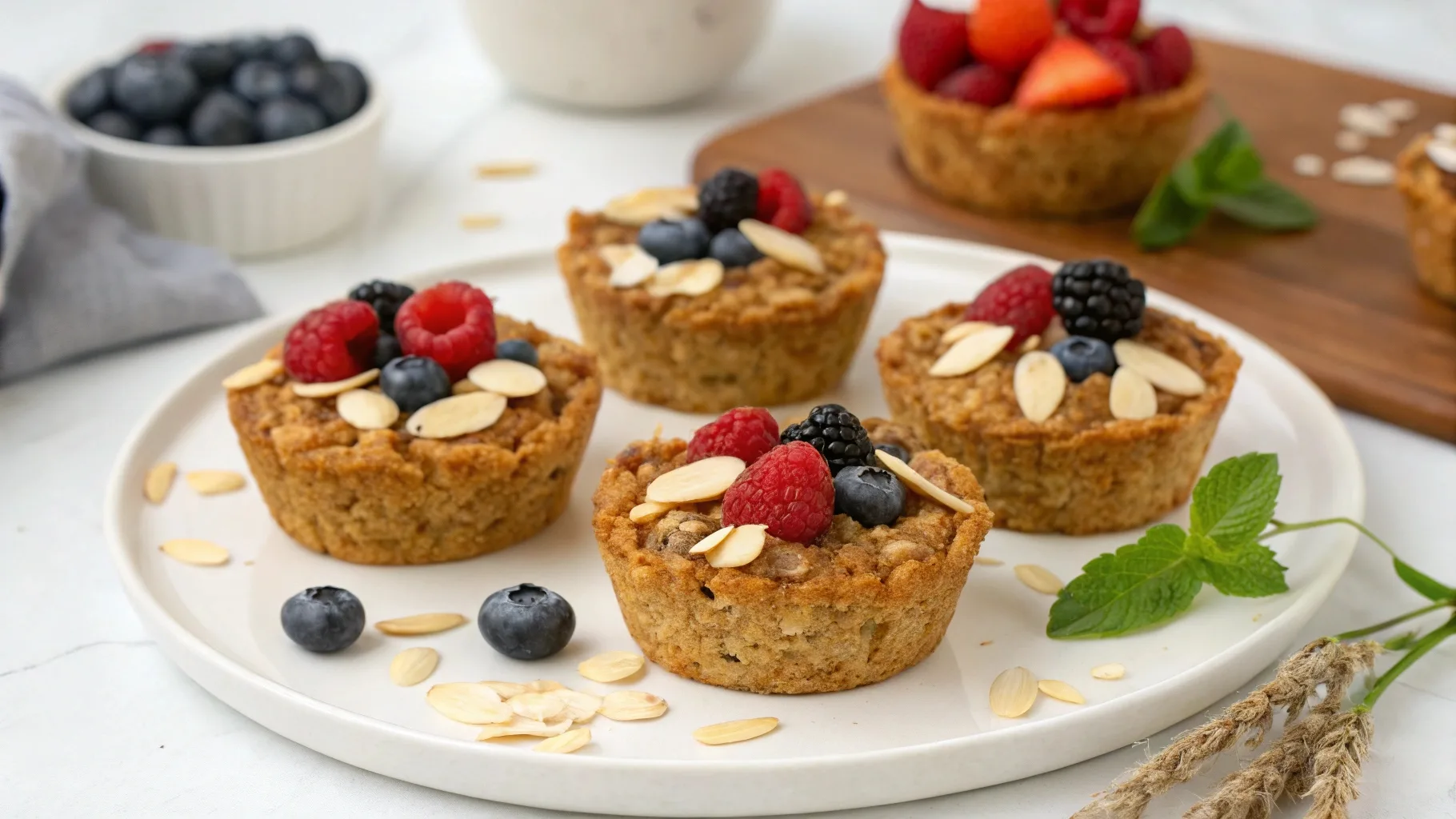 Healthy Baked Oatmeal Cups with berries on a plate