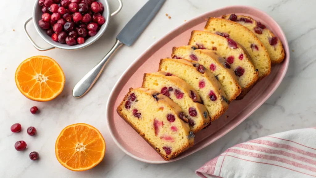 Freshly baked cranberry orange bread with cranberries and oranges.