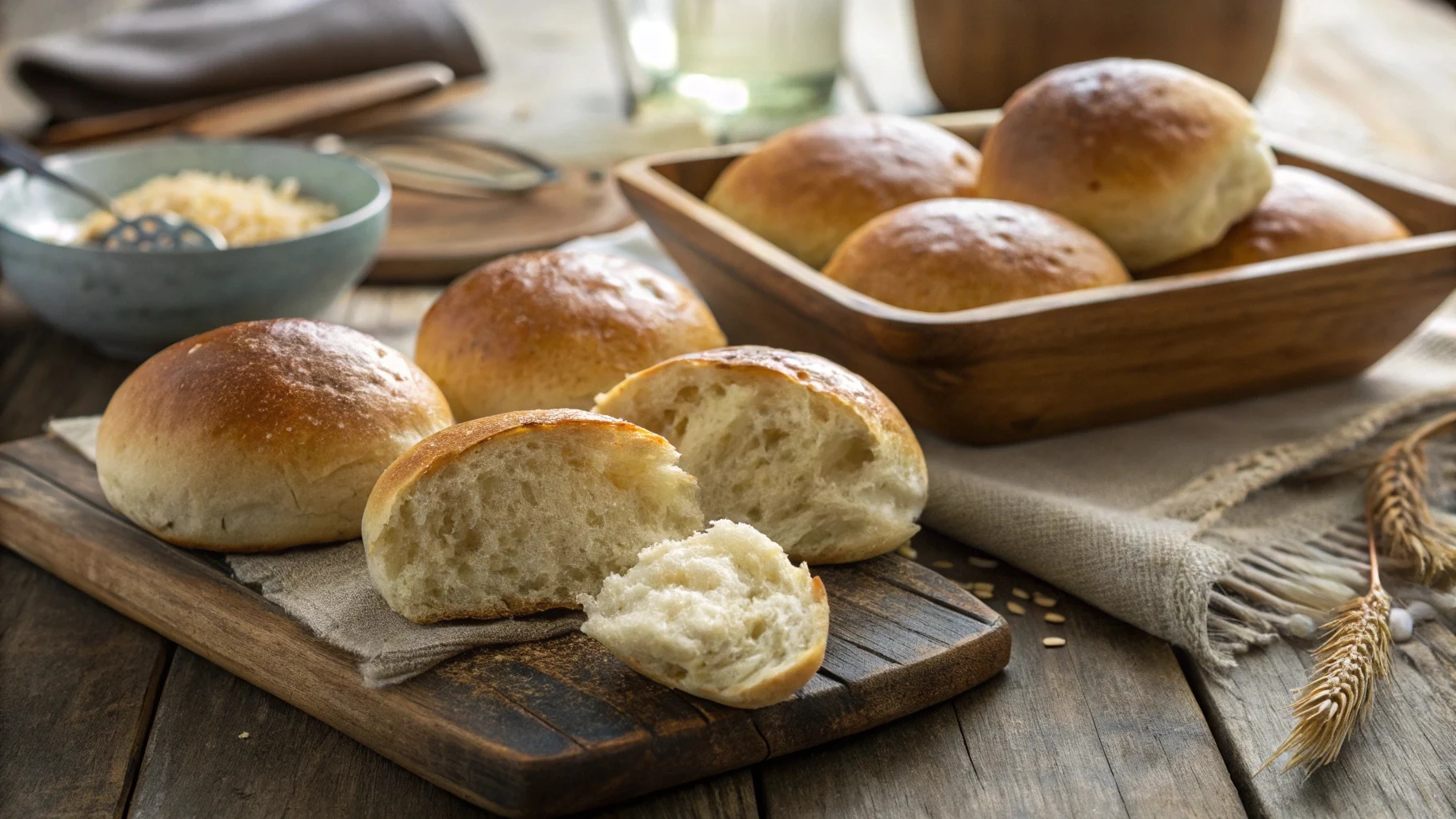 Freshly baked whole wheat buns on a wooden table.