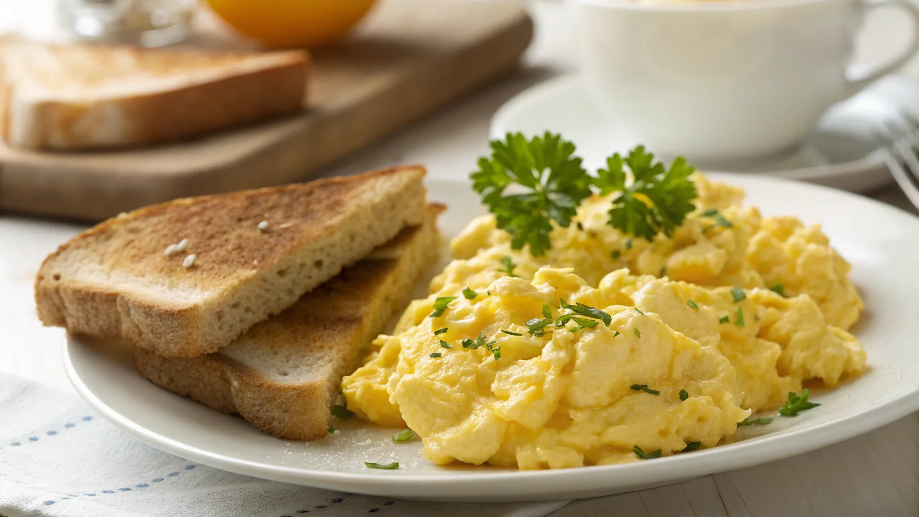 Fluffy scrambled eggs on a plate with toast.