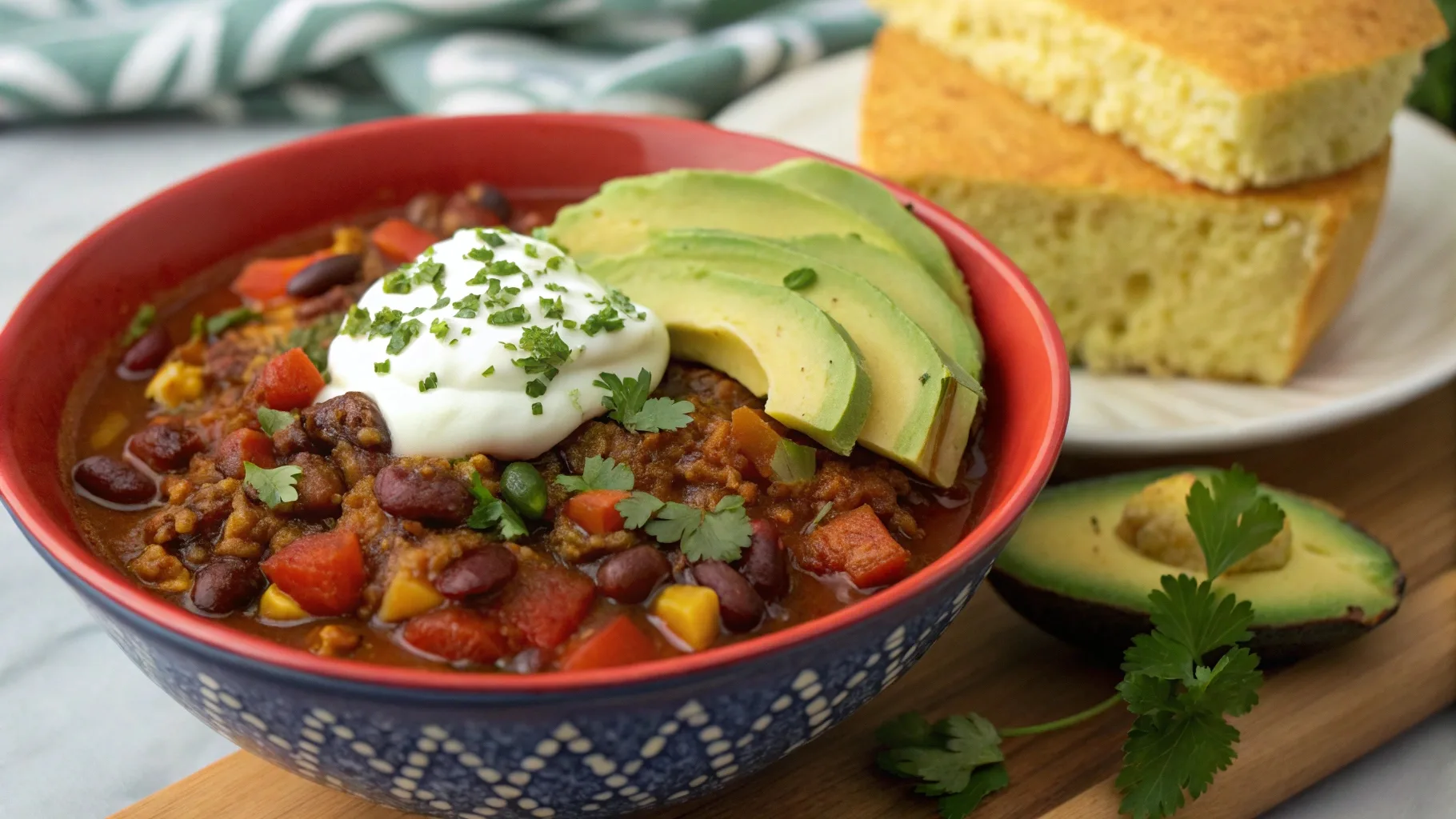 Hearty bowl of vegan chili with beans, vegetables, and spices.