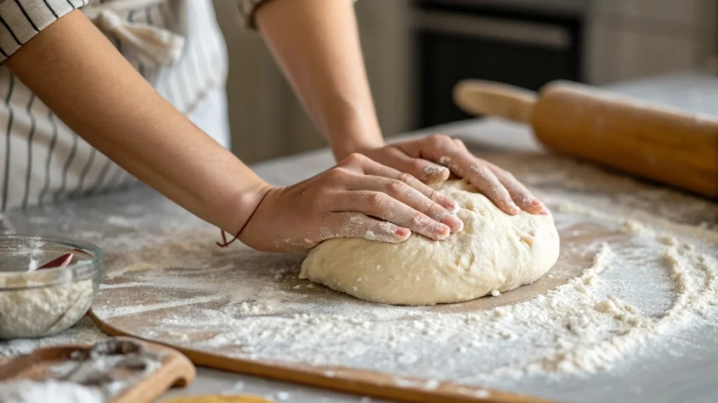 Hands kneading whole wheat dough on a floured surface. Hands kneading whole wheat dough on a floured surface.