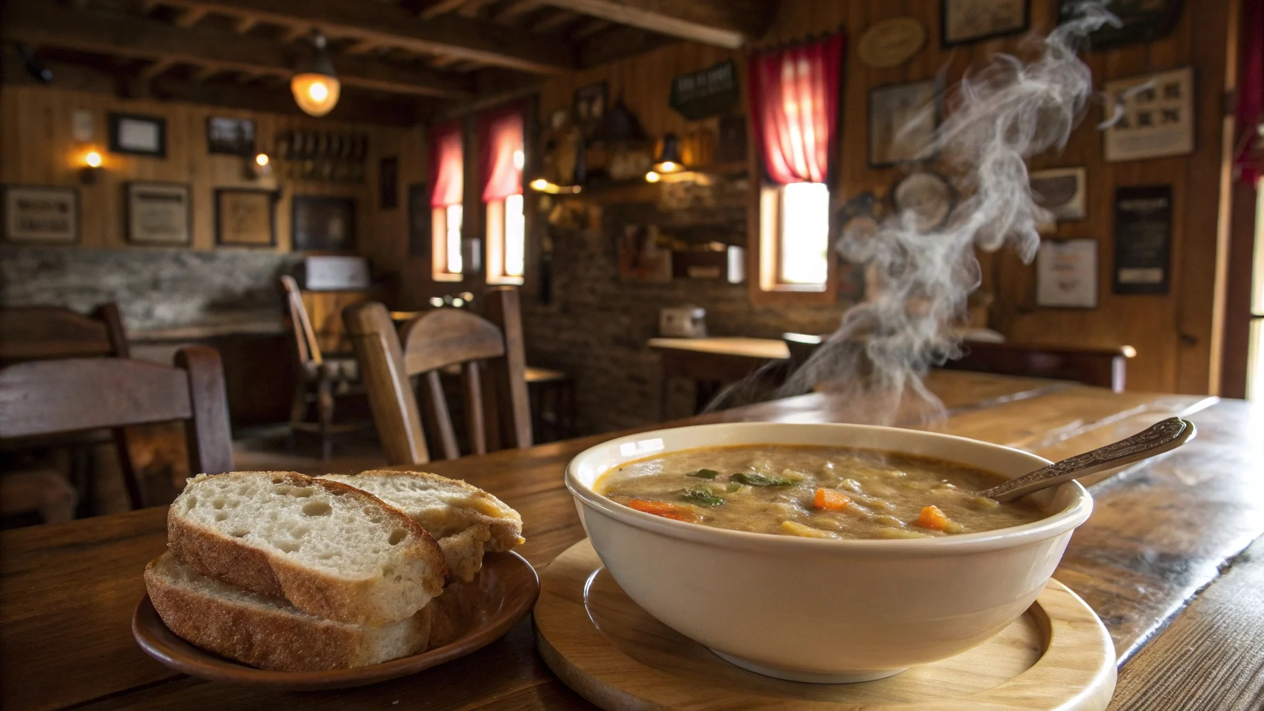 Bowl of swamp soup with sausage, greens, and beans.