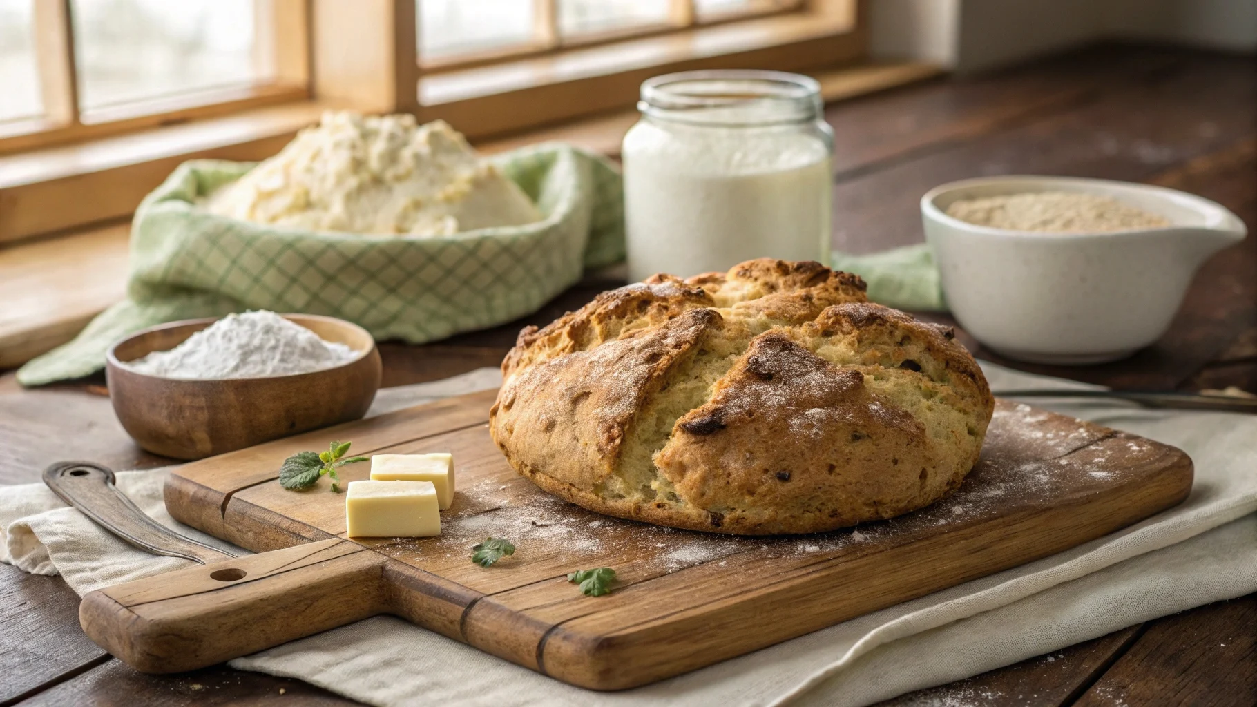 Freshly baked Irish soda bread on a wooden board.